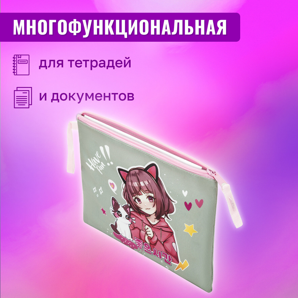 Папка для тетрадей BRAUBERG А5 1 отделение полиэстер на молнии с ручкой "Anime friends" (3 штуки в упаковке)