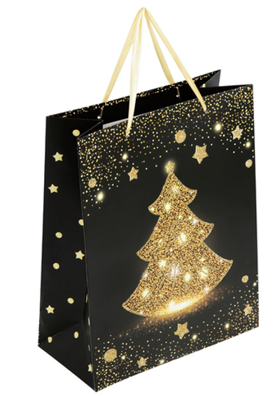 Пакет новогодний 26x13x32см. "Midnight Christmas Tree" глиттер (Золотая сказка)