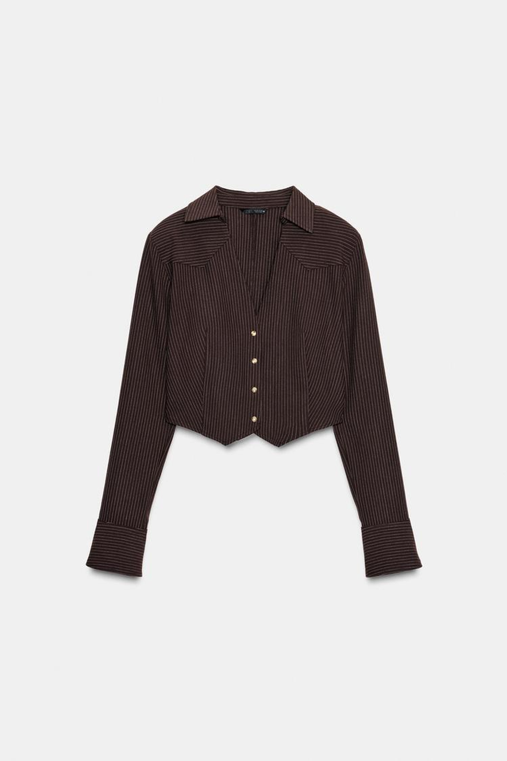 ZARA УКОРОЧЕННАЯ РУБАШКА В ПОЛОСКУ С ПОДПЛЕЧНИКАМИ, КОРИЧНЕВЫЙ/ЭКРЮ