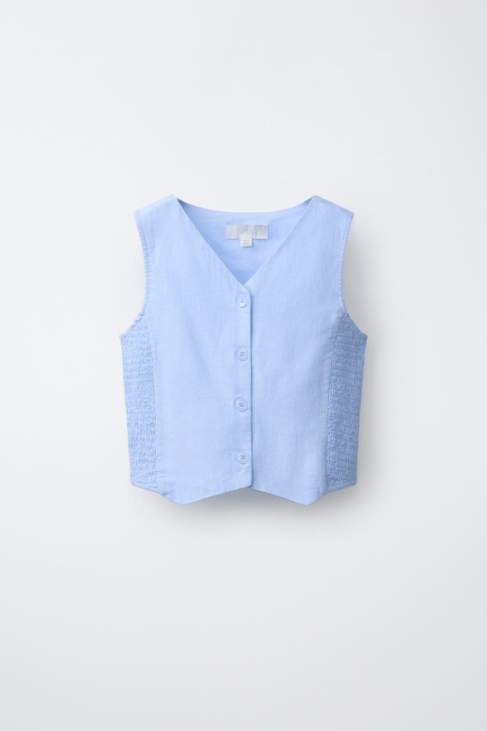 ZARA ЖИЛЕТ В РУБЧИК ИЗО ЛЬНА, НЕБЕСНО-ГОЛУБОЙ