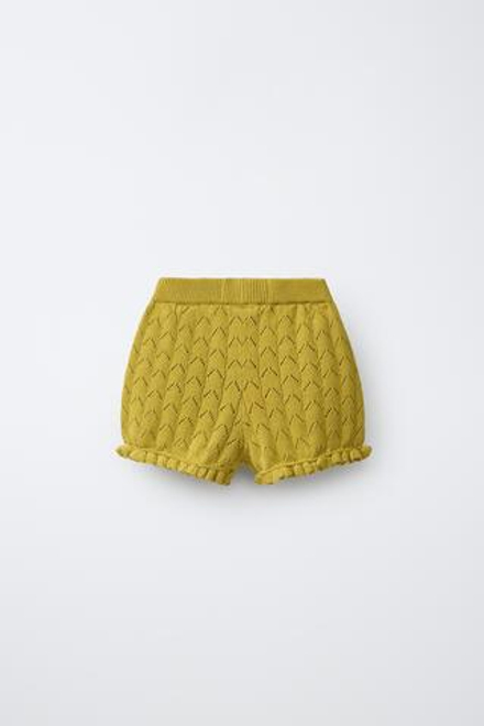 ZARA ТРИКОТАЖНЫЕ ШОРТЫ С ВЫШИВКОЙ ИЗ ХЛОПКА И ЛЬНА, ЦВЕТ ОЛИВКОВОГО МАСЛА