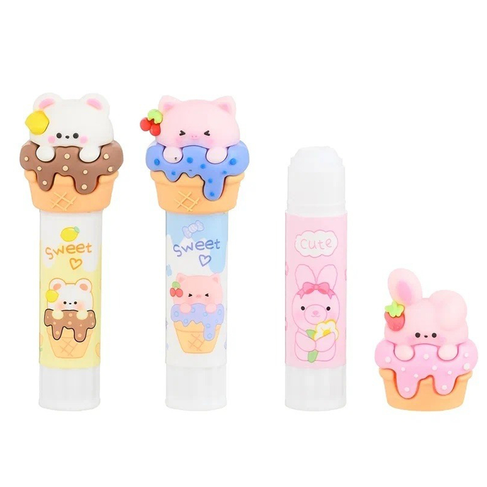 Клей карандаш детский 9 гр, с резиновой фигуркой-игрушкой на колпачке "Животные в десерте", MC-Basir, прозрачный канцелярский клеящий карандаш для бумаги, пазлов, картона