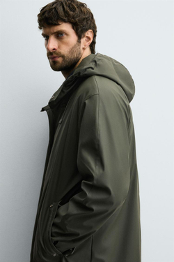 ZARA ПРОРЕЗИНЕННАЯ ПАРКА С КАПЮШОНОМ, ТЕМНЫЙ ХАКИ