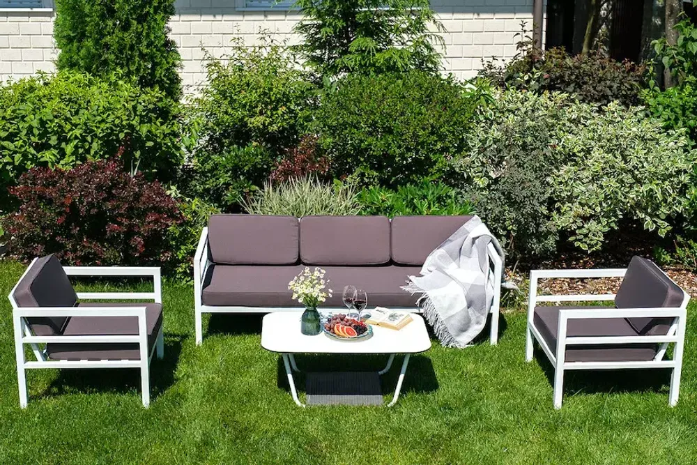 "Эстелья" диван 3-местный, каркас алюминий белый муар, ткань темно-серая 027