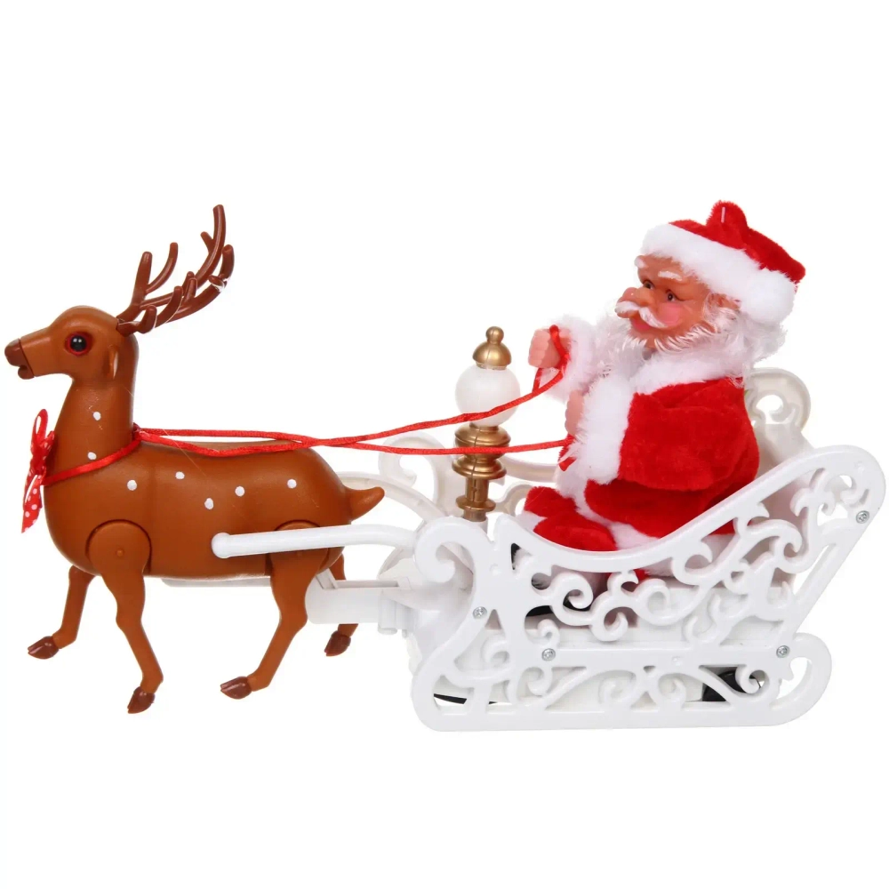 Дед Мороз музыкальный 20*30 см в красной шубе с упряжкой (работает от 3*АА - в комплект не входят)