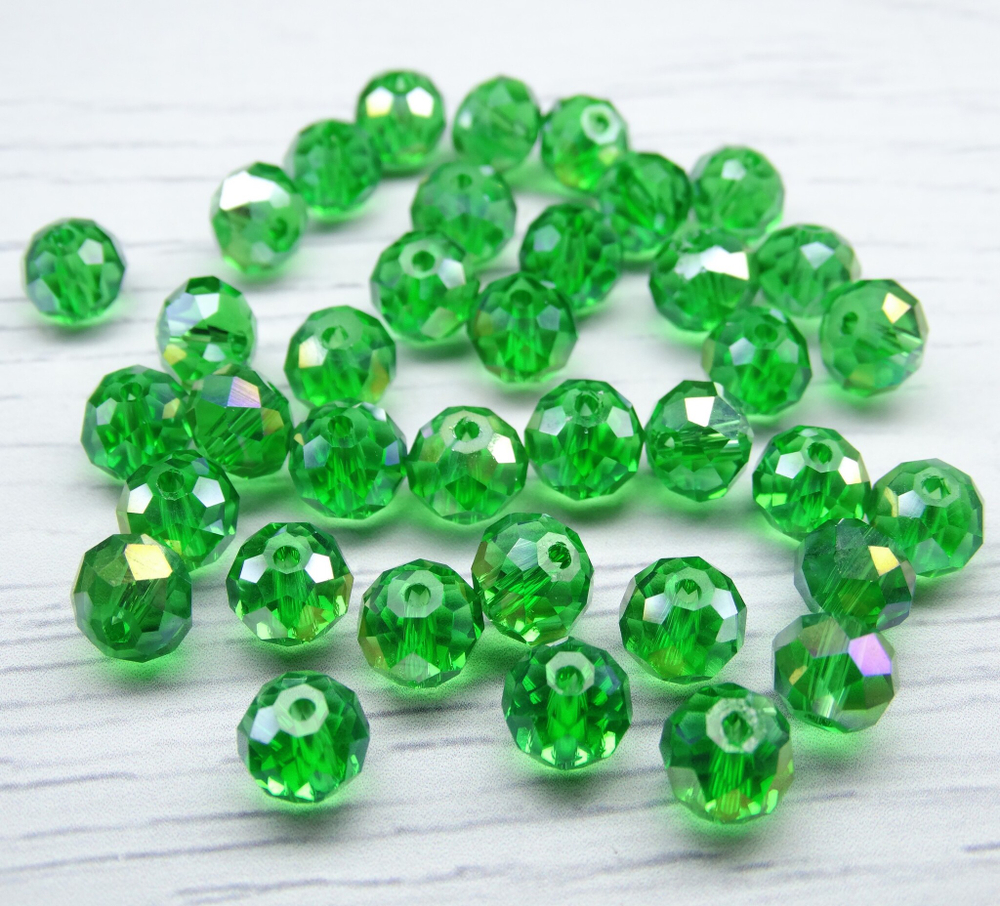БП021ДС68 Хрустальные бусины "рондель", цвет: зеленый AB прозрачный, 6х8 мм, кол-во: 39-40 шт.