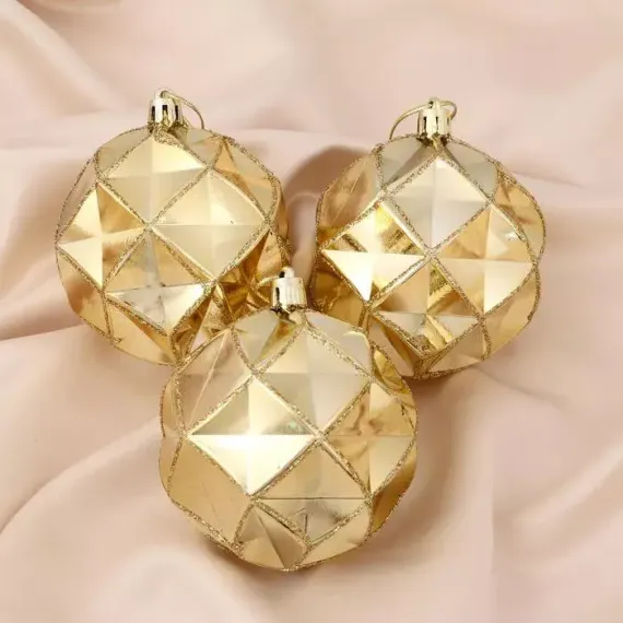 Набор шаров пластик Геометрия граней 8 см., 3 шт., золотой, Зимнее Волшебство (4962754)