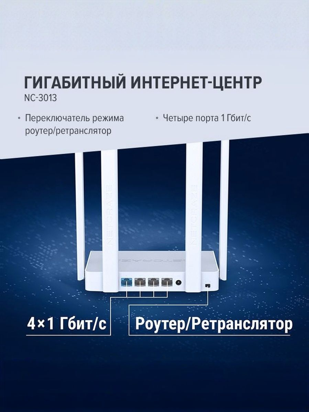 Гигабитный интернет-центр Netcraze Speedster (NC-3013) с Mesh Wi-Fi 5 AC1200, 4-портовым Smart-коммутатором и переключателем режима роутер/ретранслятор