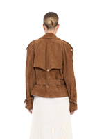 Женская коричневая замшевая куртка-косуха с поясом