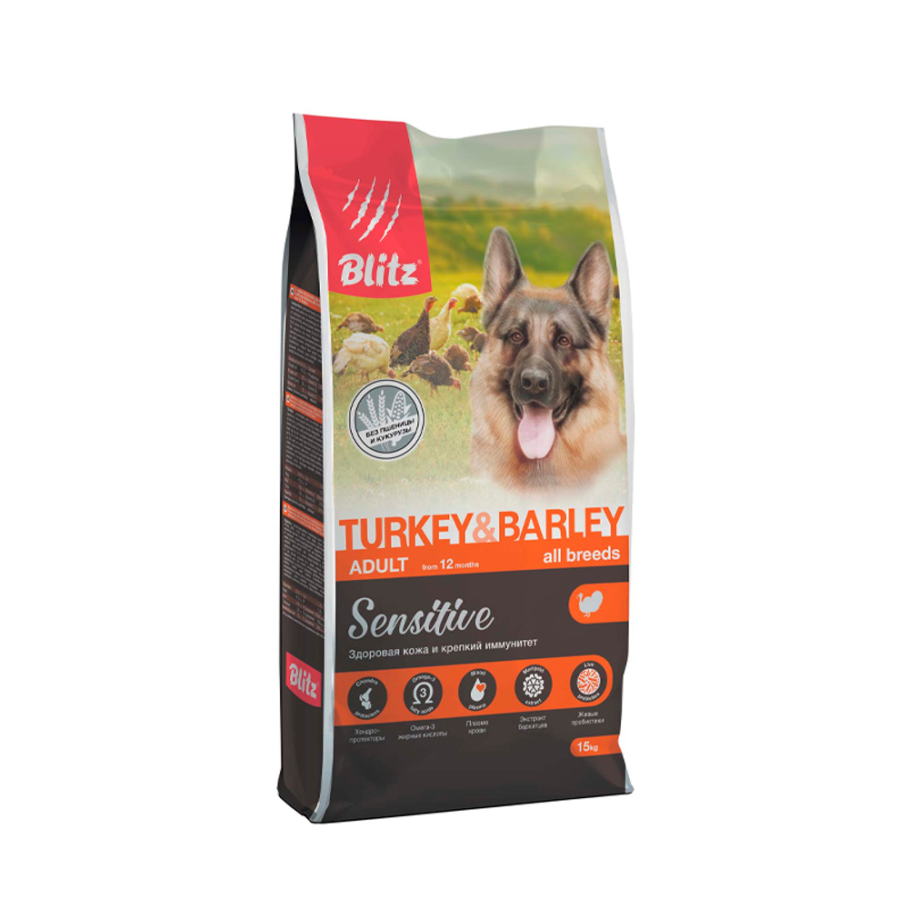 Сухой корм для взрослых собак всех пород Индейка и ячмень Blitz Sensitive