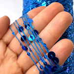 Lustrosa крупные 6 mm и мелкие 3 mm пайетки на хлопке, длина нити: около 200м/100гр "Диско" Ярко-синие пайетки с голографическим эффектом и синяя нить. Есть Бобинки: 79, 133; 130гр.