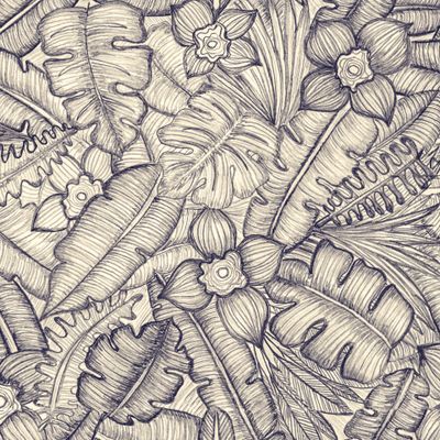Seamless pattern of tropical leaves, drawn in pencil.