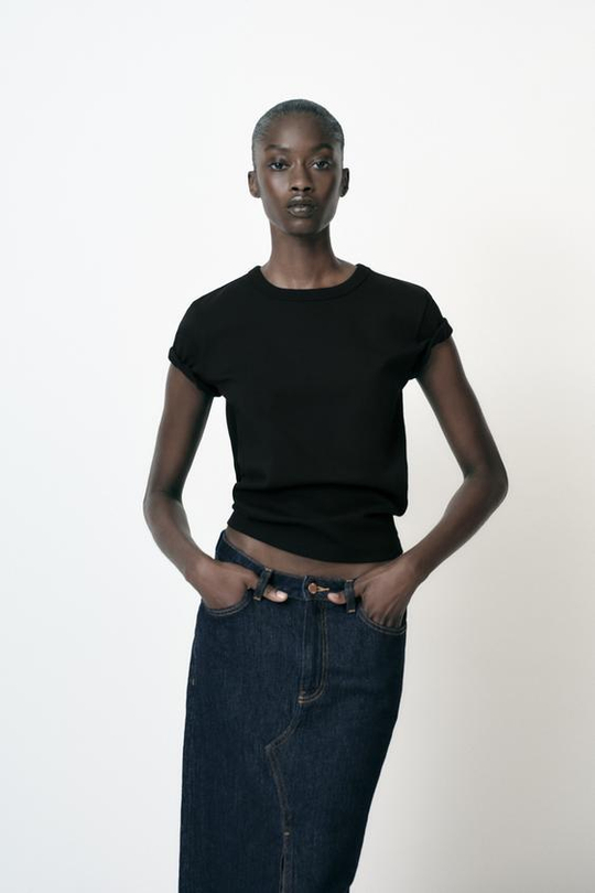 ZARA ФУТБОЛКА INTERLOCK, ЧЕРНЫЙ