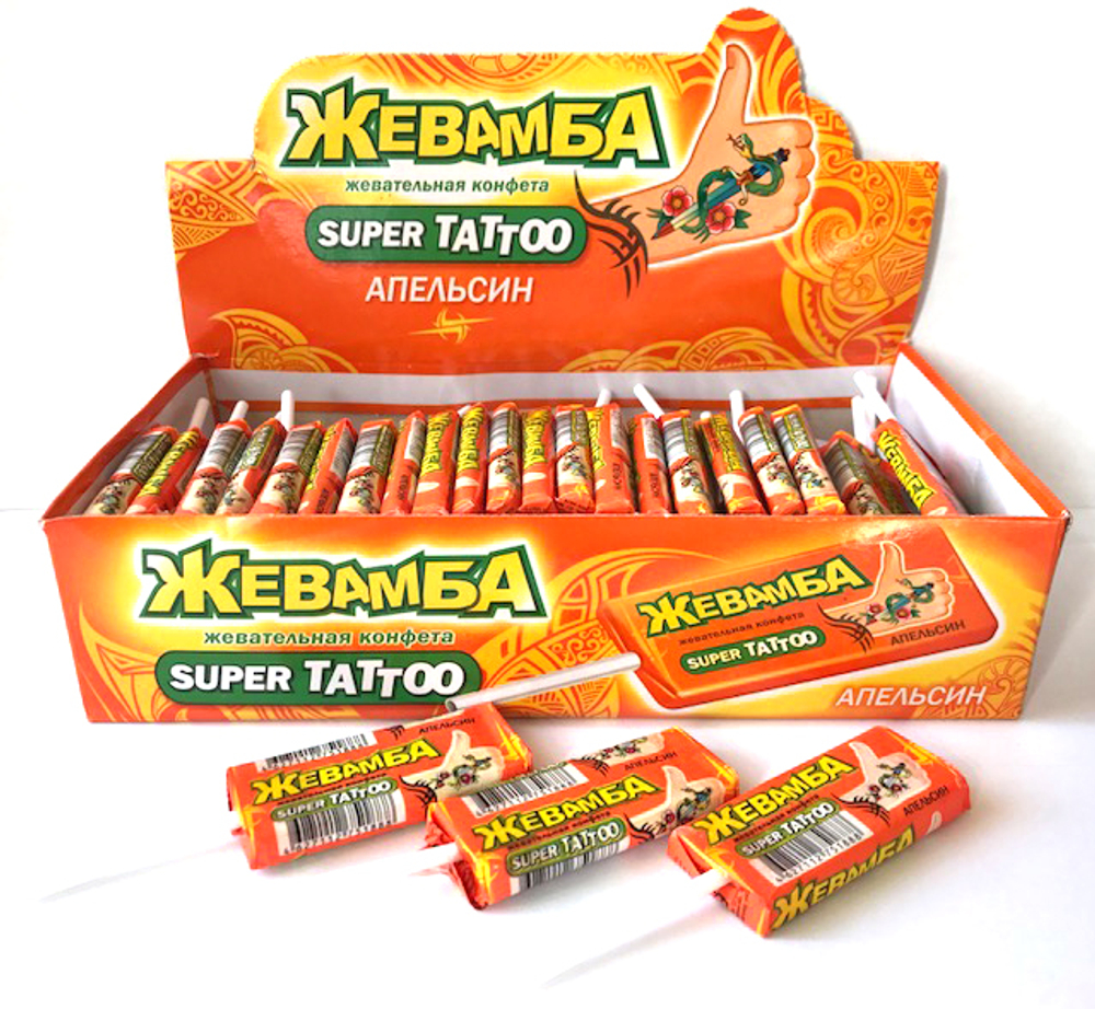 Жевательная конфета "Жевамба SUPER TATTOO" апельсин 10гр*50шт*12 блоков.