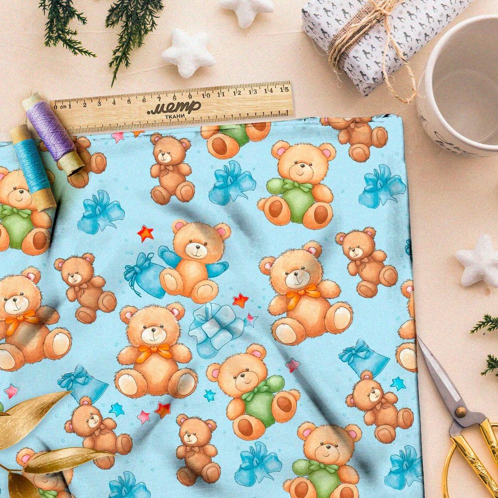 Ткань премиум интерлок медведи с подарками на голубом
