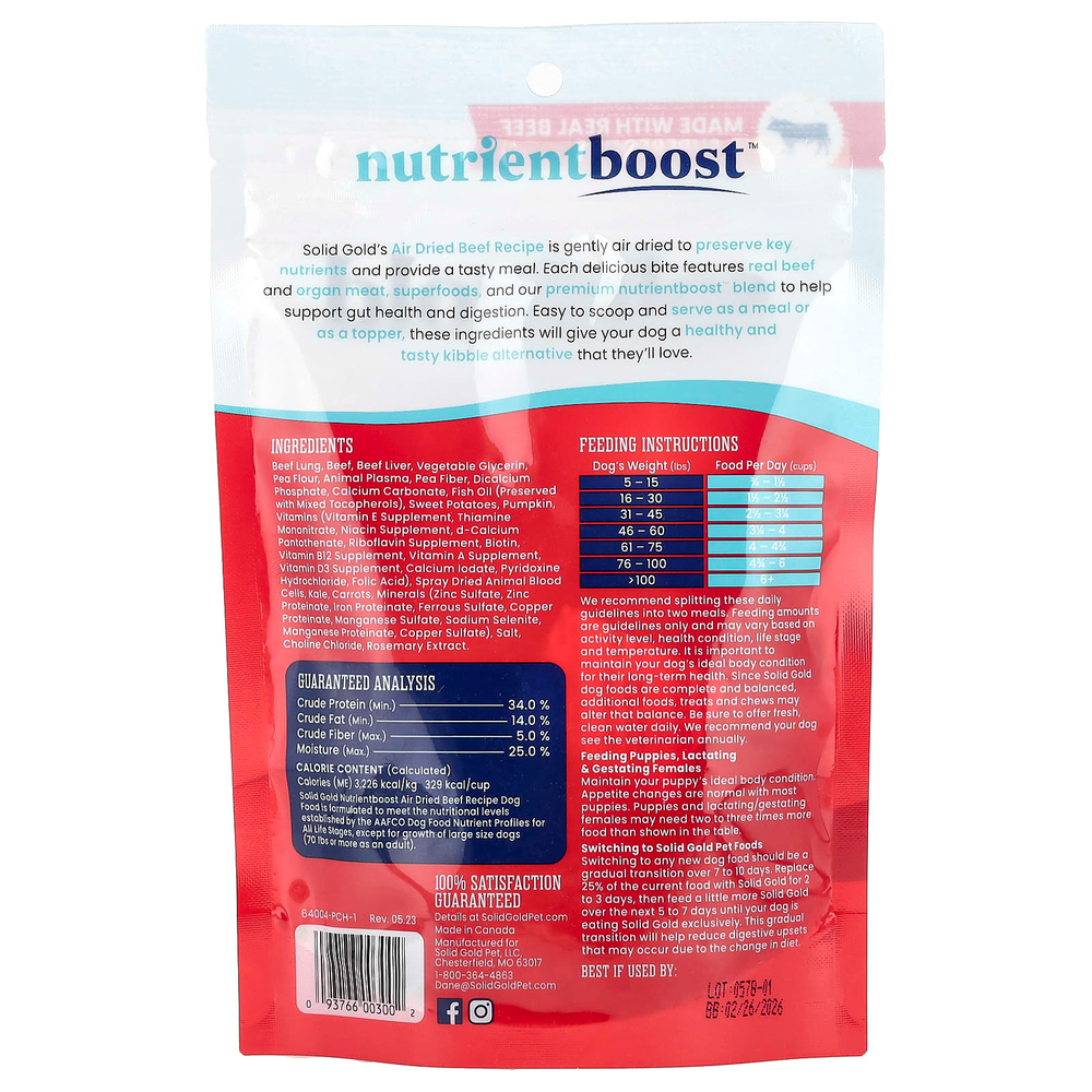 Solid Gold, Вяленая на воздухе мука или топпер, для собак, рецепт из говядины, 113 г (4 унции)