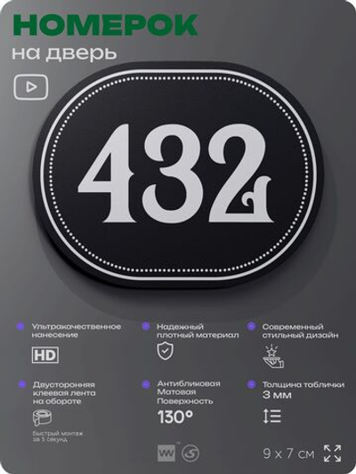 Номерок на дверь квартиры 432, для кабинета, офиса, шильдик 9 х 7 см, черный, Айдентика Технолоджи