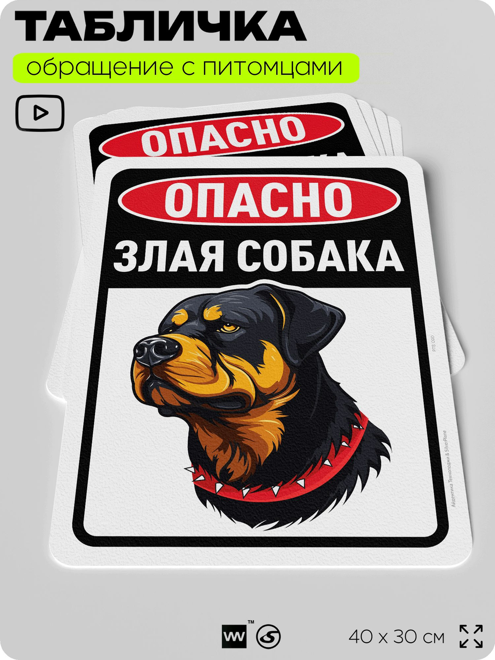 Табличка "Опасно, злая собака" на дверь и забор, для двора, дома, подъезда, 40х30 см, Silver Plane x Айдентика Технолоджи