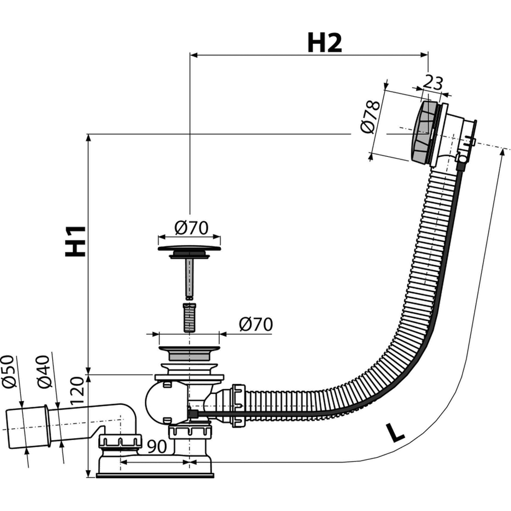 Обвязка для ванны 57 см. полуавтомат металл хром пробка 48мм A55KM/AG210125260 Alcadrain