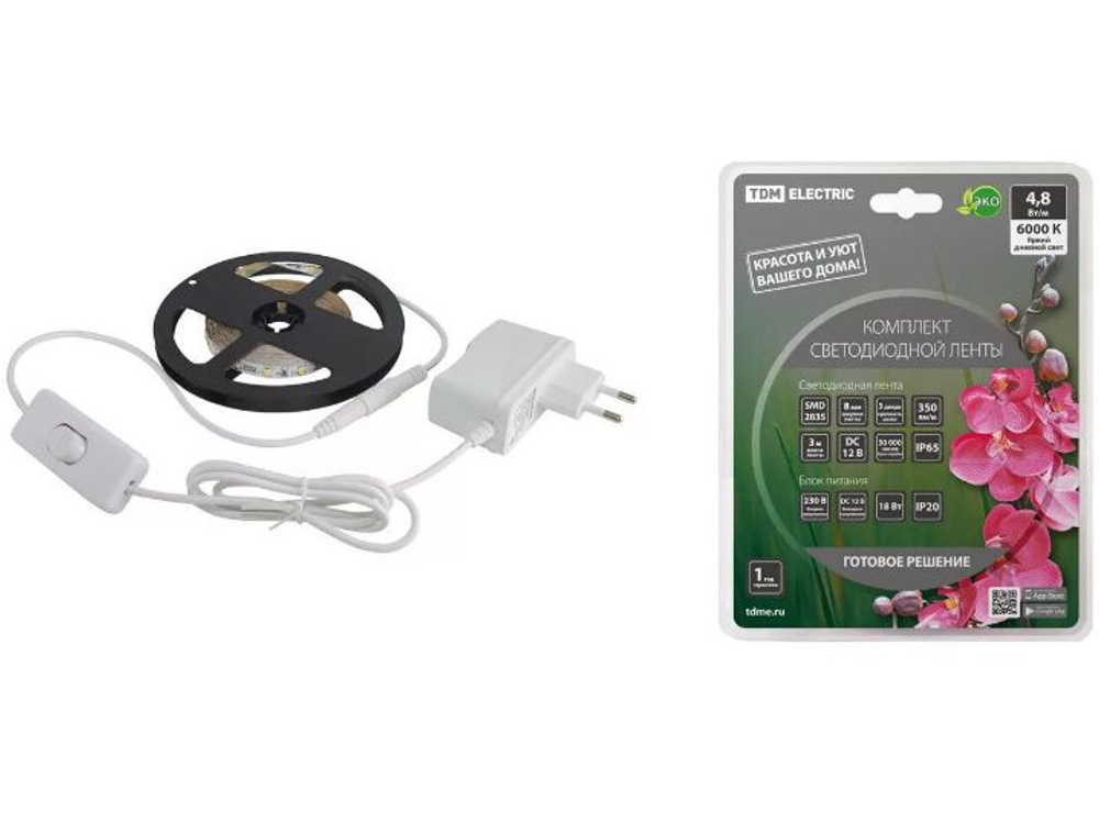 Лента светодиодная комплект SMD2835 60LED/м 12B 4,8Вт/м IP65 6000К 5м 24Вт TDM