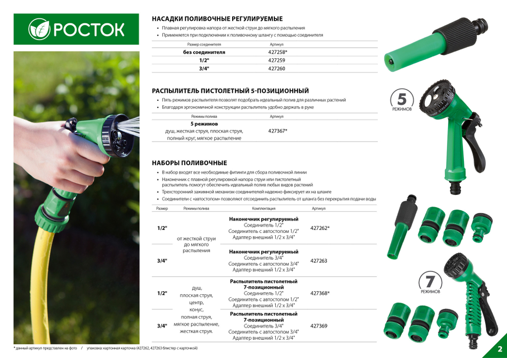 РОСТОК НП-12 набор поливочный: пистолет с 7 режимами, комплект соединительной артматуры 1/2″, пластиковый