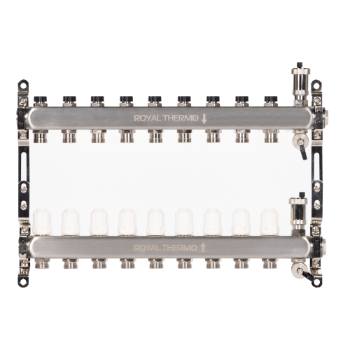 Коллектор Royal Thermo нерж. в сборе универсальный 1quot; ВР-3/4quot; НР с автомат. воздухоотвод-ми 9 вых.