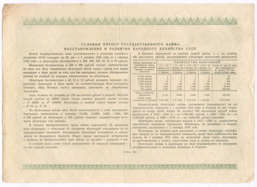 Облигация 100 рублей 1950 год. 5-ый заем восстановления и развития народного хозяйства. Серия № 085180. VG-F