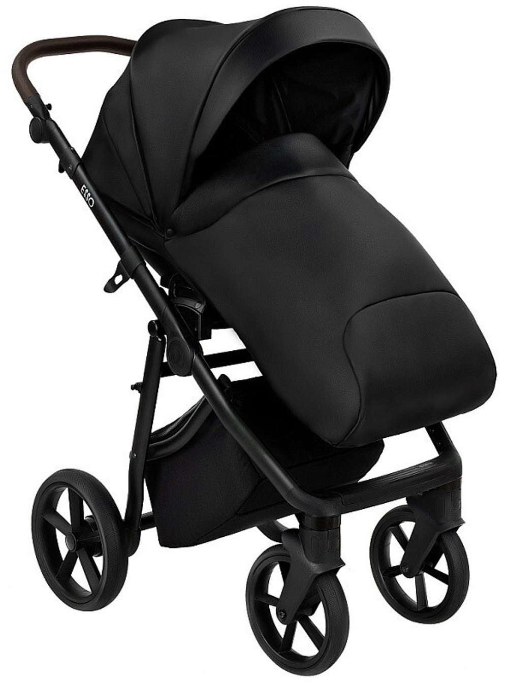 Детская коляска Roan Esso 2025 Кожа 3 в 1 с автокреслом Tutis Elo Lux EduSky Black ESSK/210/1 Black /Black/руч.Тем.коричневый