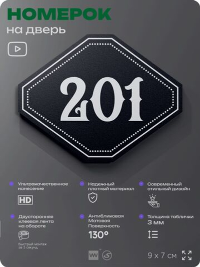 Номерок на дверь квартиры 201, для кабинета, офиса, шильдик 9 х 7 см, черный, Айдентика Технолоджи