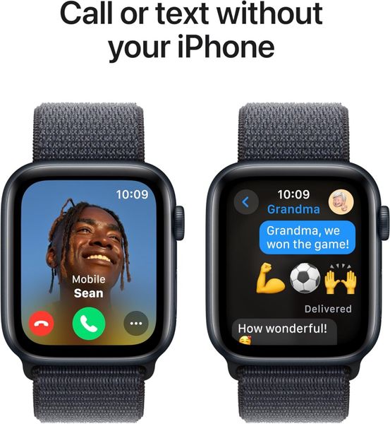 Умные часы Apple Watch SE 2024 44 мм из алюминия цвета «тёмная ночь», нейлоновый браслет темно-синего цвета