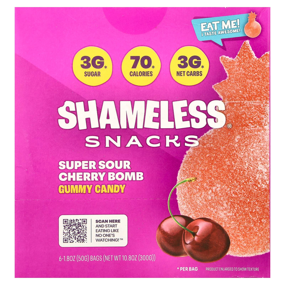 Shameless Snacks, жевательные конфеты, кислая вишня, 6 пакетиков по 50 г (1,8 унции)