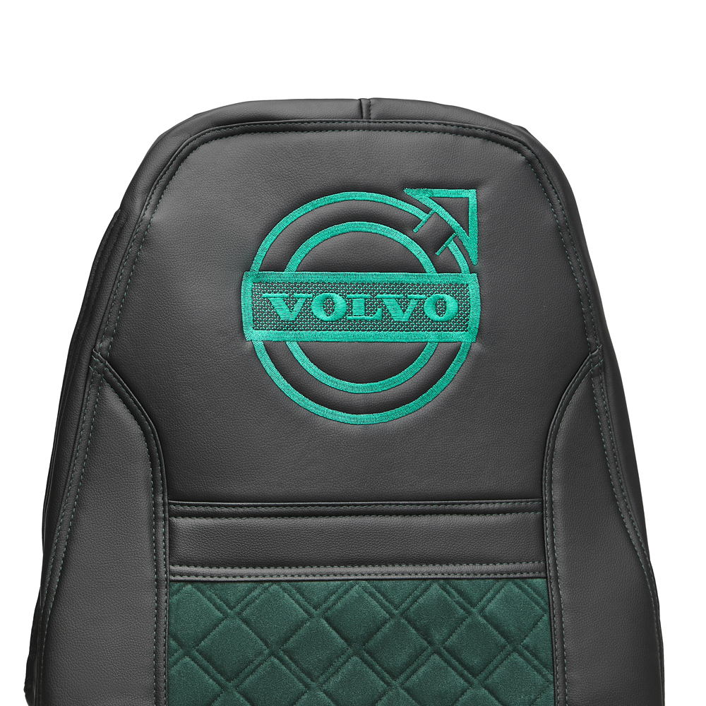 Чехлы VOLVO FH-13 после 2018 года: 2 высоких сиденья, ремни из сиденья (есть вырезы под ремень) (экокожа, черный, зеленая вставка)