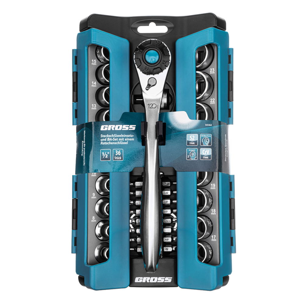 Набор торцевых головок, трещотка 120 зубьев, 1/2", CrV, 36 предметов Gross