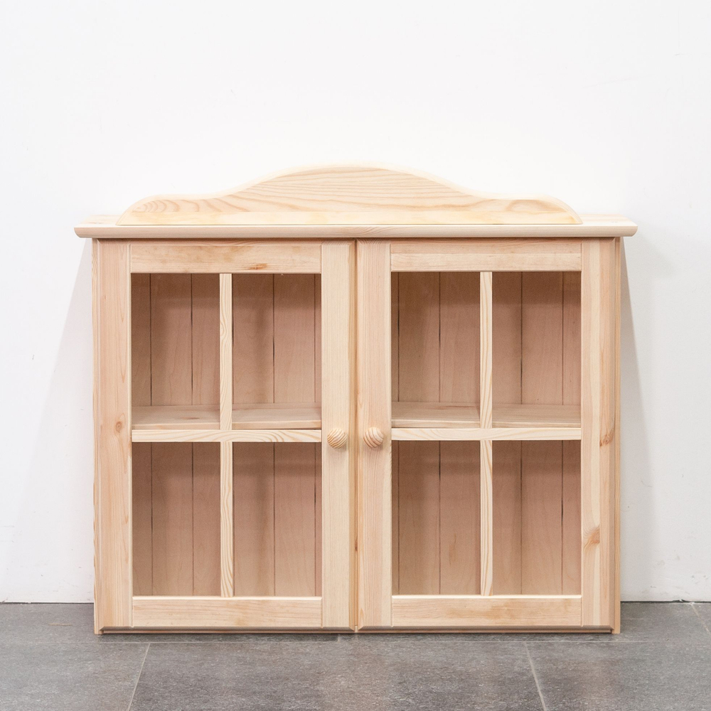 Шкаф навесной кухонный Лена 2 двери 2 полки с карнизом из массива сосны, в натуральной отделке