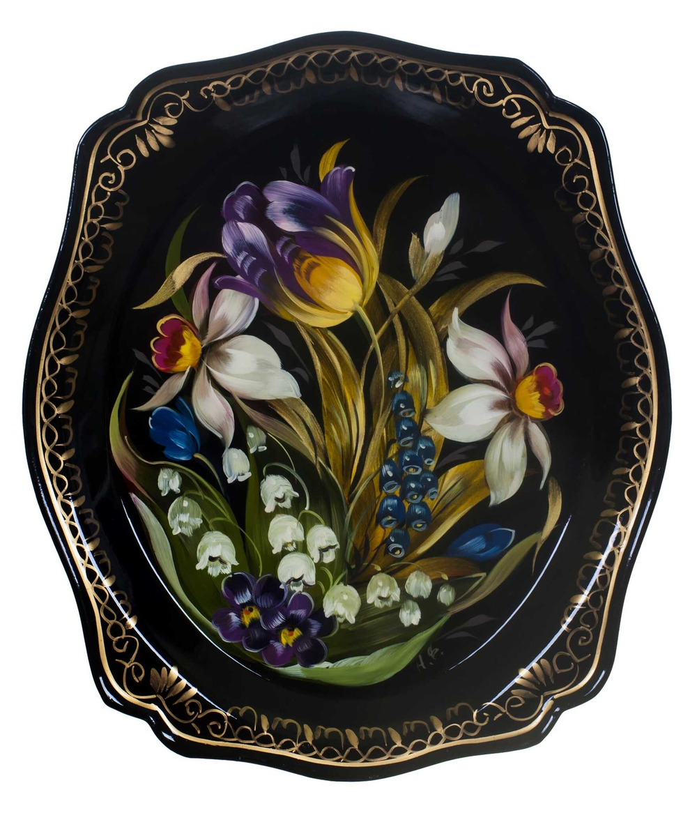 Жостовский поднос декоративный, размер 20х17 см (A3), металлический