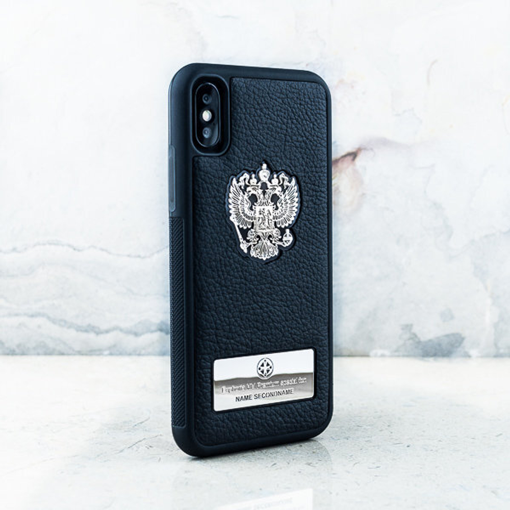 Дизайнерский именной чехол iPhone с гербом России - Euphoria HM Premium - натуральная кожа, ювелирный сплав