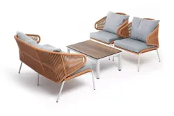 "Милан" лаунж-зона 4-местная плетеная из роупа (веревки), каркас алюминиевый светло-серый, роуп оранжевый меланж