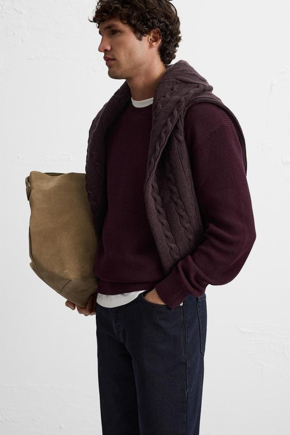 ZARA СВИТЕР ЖЕМЧУЖНОЙ ВЯЗКИ, БОРДОВЫЙ