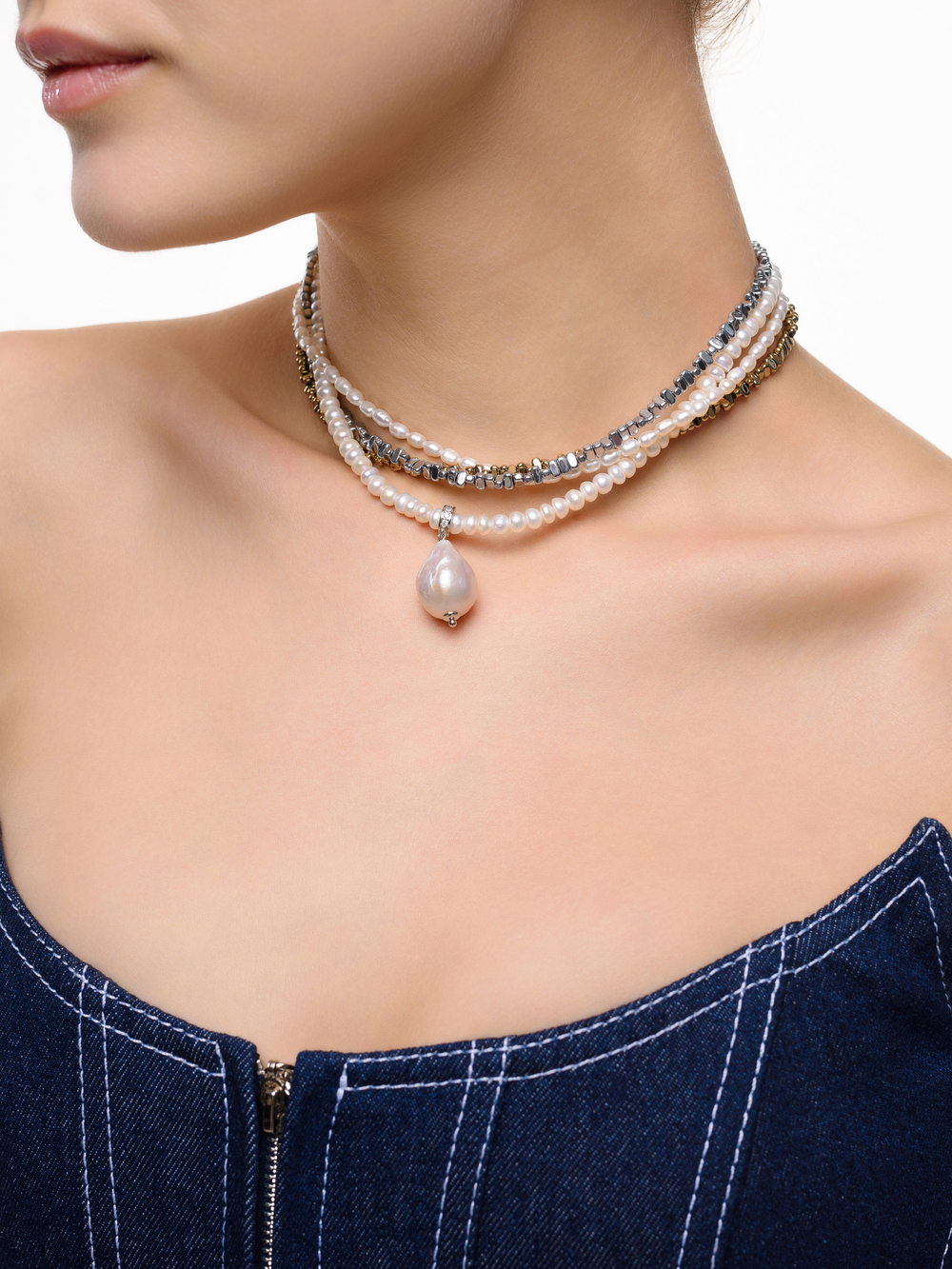 Колье "Holliday mini" из гематита и жемчуга