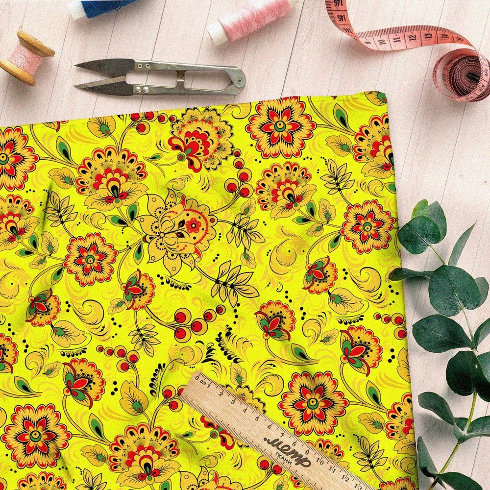 Ткань бифлекс хохломские узоры на жёлтом