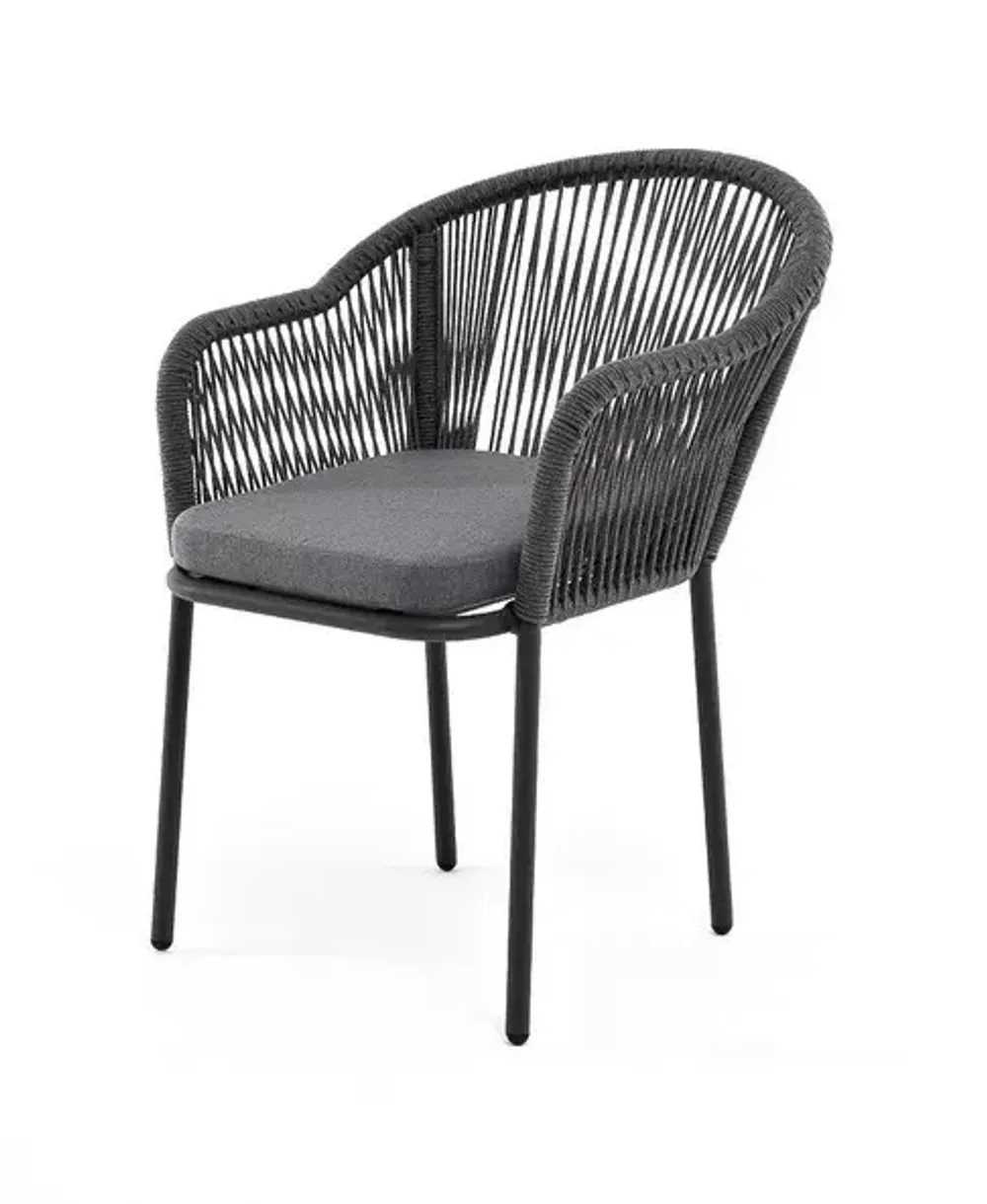 "Лион" стул плетеный из роупа, каркас алюминий серый (RAL7022) муар, роуп серый круглый, ткань серая 017