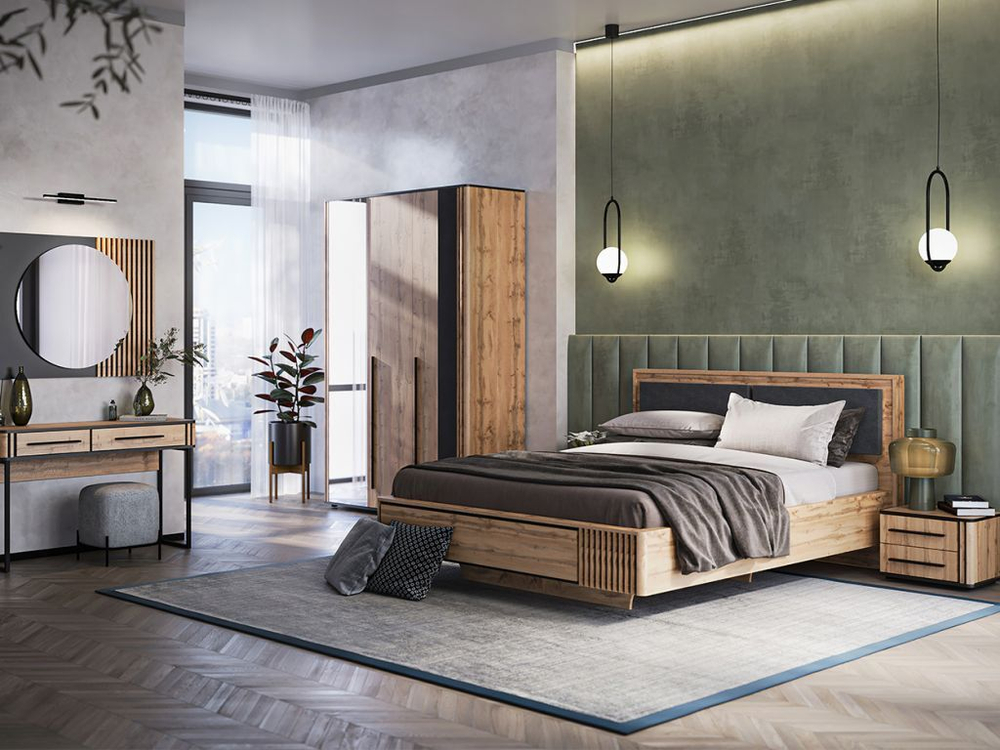 Кровать двухспальная 160х200 парящая Дуб вотан/Черный