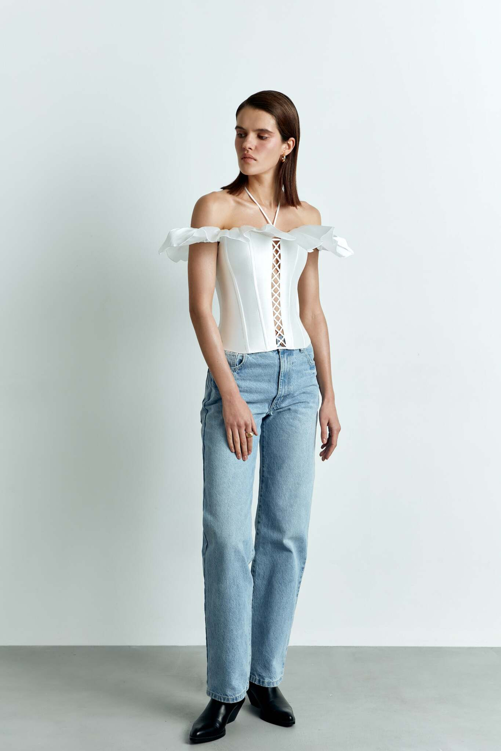 Tоп корсетного типа из тафты со шнуровкой и рюшем