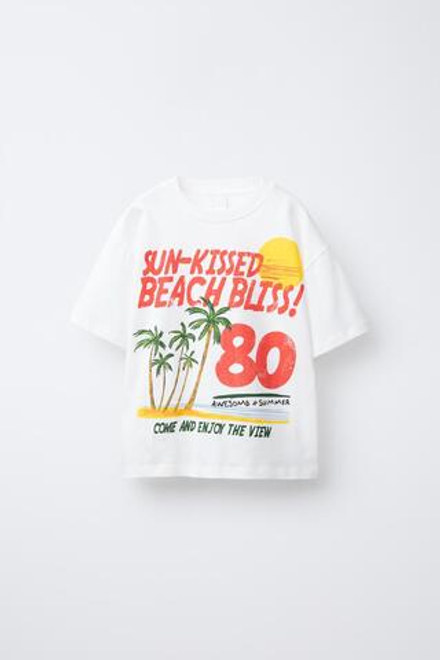 ZARA ФУТБОЛКА ИЗ ТКАНИ С ПРИНТОМ, БЕЛЫЙ