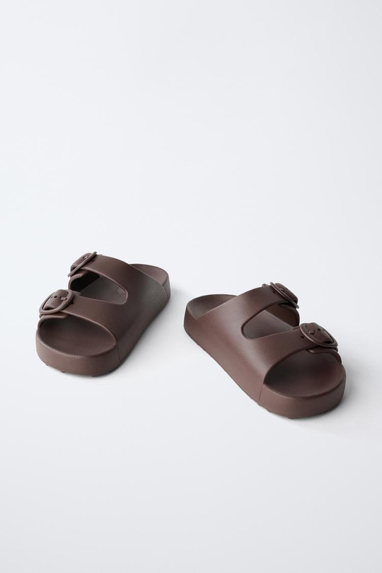 ZARA РЕЗИНОВЫЕ ТАПОЧКИ С ПРЯЖКАМИ, КОРИЧНЕВЫЙ