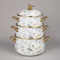 НАБОР КАСТРЮЛЬ AGNESS ЭМАЛИРОВАННЫХ СЕРИЯ "ЯБЛОНЕВЫЙ САД", 6ПР. 2,1Л, 2,8Л И 3,8Л