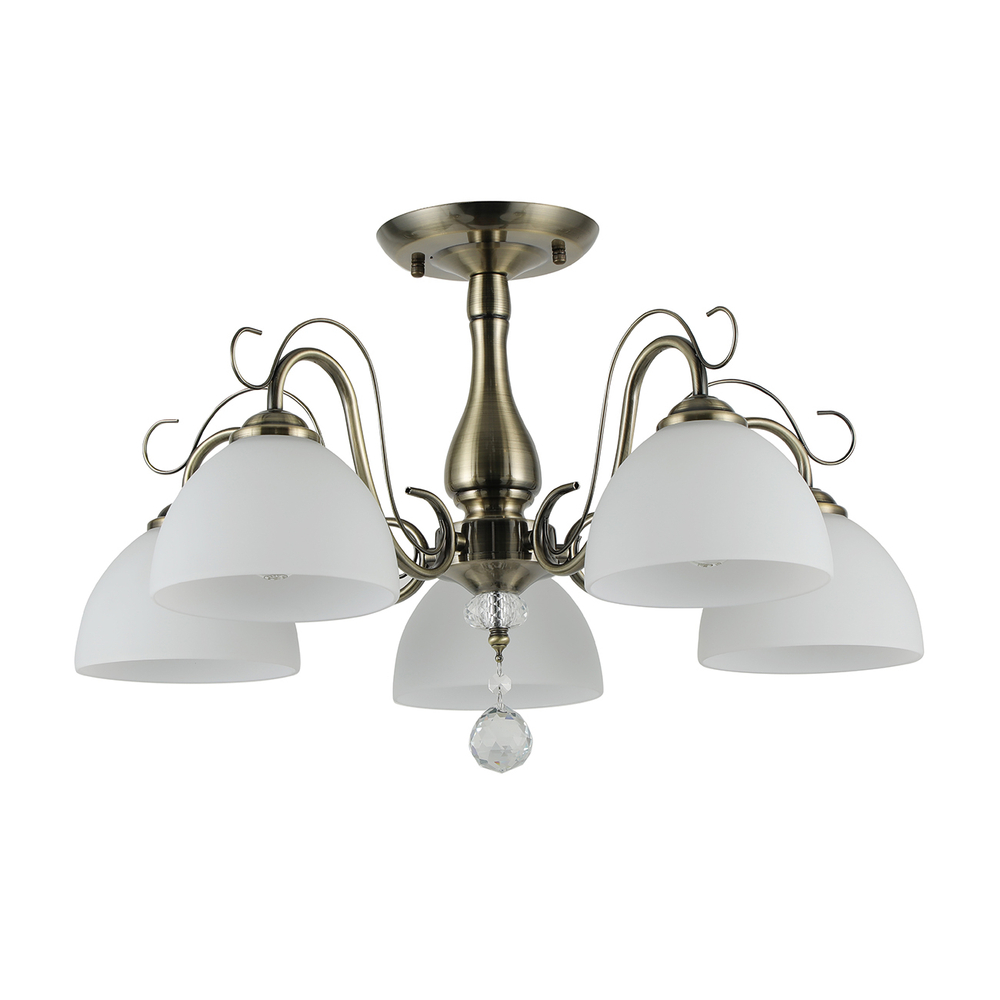 Люстра на штанге 5x40Вт E27, металл/стекло/хрусталь, бронза, белый матовый плафон