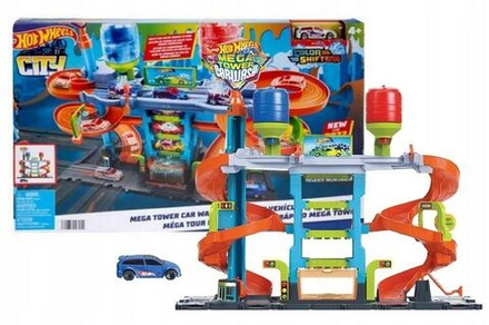 Игрушечный трек Hot Wheels City Crazy - Игровой набор Мега автомойка с баками для горячей и холодной воды для смены цвета - Хот Вилс HDP05