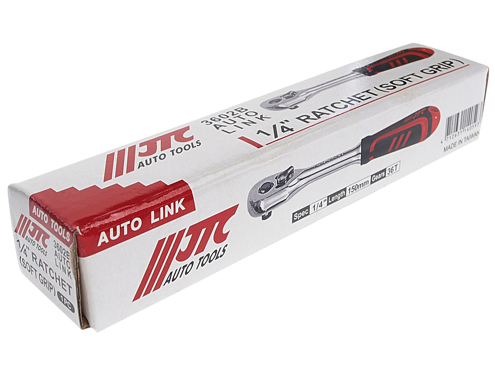 Ключ трещотка 1/4" 36 зубьев 150мм резиновая рукоятка JTC