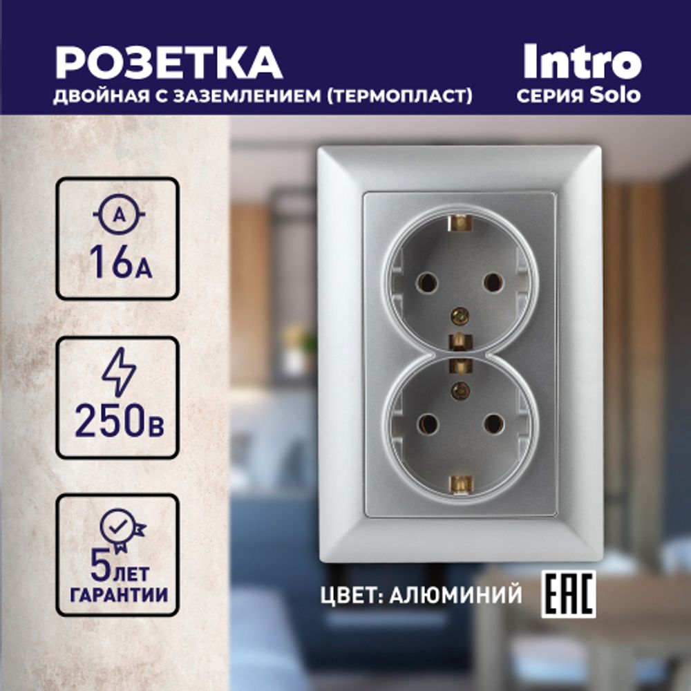 Розетка Intro Solo 4-205-03 с заземлением двойная 2X2P+E Schuko, 16А-250В, IP20, СУ, алюминий